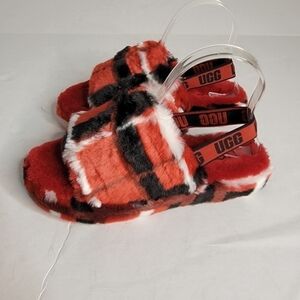 New Ugg Sz 6 Slides Fluff Yeah Red Plaid Sheepskin  Sandals Slingback